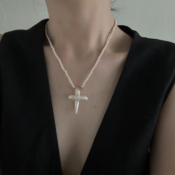 Cross Pearl necklace - Good luck with you White Freshwater Cultured Keshi Pearl Lilian Necklace for Women 611